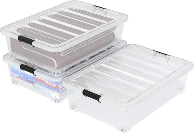 Hespama 3-Pack 50 Quart Plastic Underbed Storage Container Bin, Plastic Latch Box for Under Bed Storage