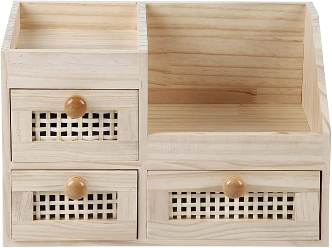 GYASVWU Bamboo Desk Organizer-No Assembly Required,Mini Bamboo Desk Drawer Organizer,Tabletop Storage Box for Office/kitchen counter/Bedroom, No Assembly Required (3 Drawer with Shelf)