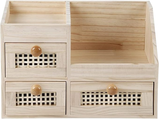 GYASVWU Bamboo Desk Organizer-No Assembly Required,Mini Bamboo Desk Drawer Organizer,Tabletop Storage Box for Office/kitchen counter/Bedroom, No Assembly Required (3 Drawer with Shelf)