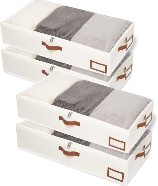 Yawinhe Under Bed Storage Containers, 4 Pack, Bin with Lids, Collapsible Closet Organizers, with Sorting Card Slot and 4 Leather Handles, for Blanket, Bedding, 31.5''Lx15.7''Wx6''H, Beige