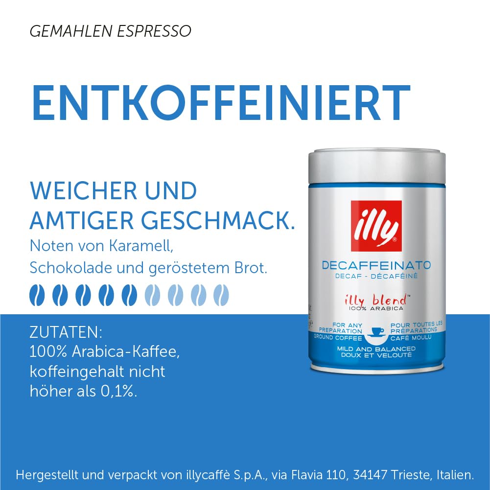 illy Ground Coffee Espresso - 100% Arabica Coffee Ground – Classico Decaf Roast - Notes of Caramel, Toasted Bread & Chocolate - Rich Aromatic Profile - Precise Roast - No Preservatives – 8.8 Ounce