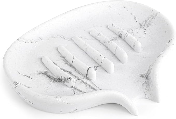 Soap Dish with Drain- Self Draining Bar Soap Holder for Shower, Marble Look Soap Savers Soap Tray Sponge Holder for Kitchen, Bathroom, Bathtub Sink, White
