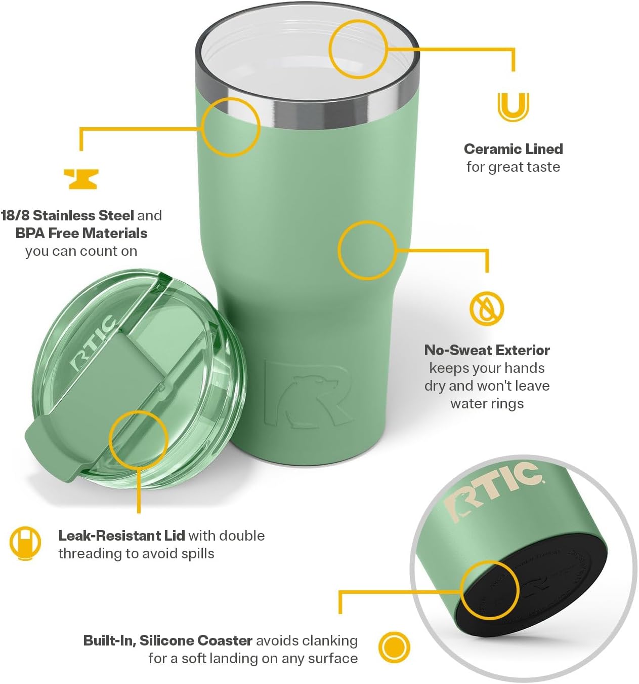 RTIC 20oz Essential Tumbler with Lid, Ceramic Lined, Insulated, Stainless Steel, Metal, Double Wall Vacuum-Insulation, Travel Cup for Iced Coffee, Tea, Hot and Cold Drink, Sage