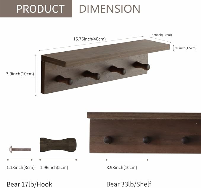 Entryway Coat Rack Hooks with Shelf, Sturdy Wooden Floating WallOrganizer Shelf with 4 Hooks siutable for Entrance, Mudroom, Kitchen, Bathroom,.etc(Walnut Finish)