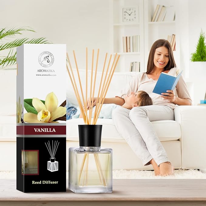 Reed Diffuser with Natural Essential Oil Vanilla 6.8 Fl Oz (200ml) - Scented Reed Diffuser - Gift Set with Bamboo Sticks - Best for Aromatherapy - SPA - Home - Office - Fitness Club