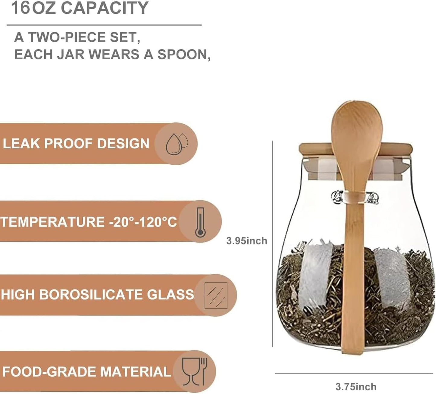 Airtight glass jar storage container with bamboo lid Set of 4, wide mouth, leak-proof, With a spoon, can be used for coffee beans, tea leaves, grains, dried fruits, etc (Small*4pcs)