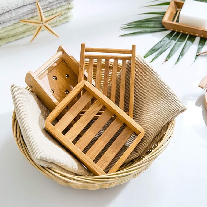 Kaxich 2 Pack Bamboo Wooden Soap Dish Shower Soap Storage Holder Saver Soap Tray Plate for Bathroom Shower Vanities Kitchen Sink