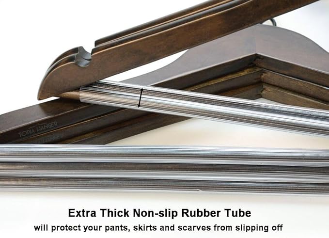 TOPIA HANGER Heavy Duty Wood Coat Hangers in Smooth Retro Finish, Boutique Quality Wooden Suit Hangers-Non-Slip Rubber Pants Bar and Smoothly Cut Notches-360° Rotating Black Hook-30 Pack, CT04A30