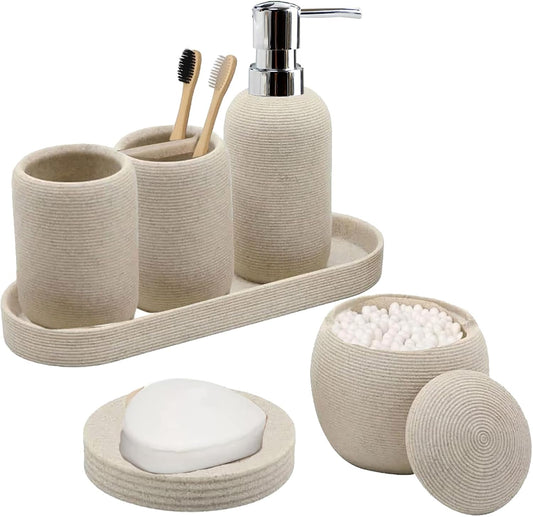 Bathroom Accessory Set, 6PCS Beige Bathroom Accessories - Soap Dish, Lotion Dispenser, Toothbrush Holder, Mouthwash Cup, Tray, Cotton Ball Jar, Aesthetic Decor Bathroom Sets