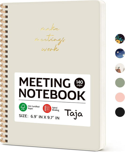 Taja Meeting Notebook for Work Organization - Work notebook with action items, Meeting Minutes Planner Notebook, Perfect Office Supplies for Men & Women - Beige