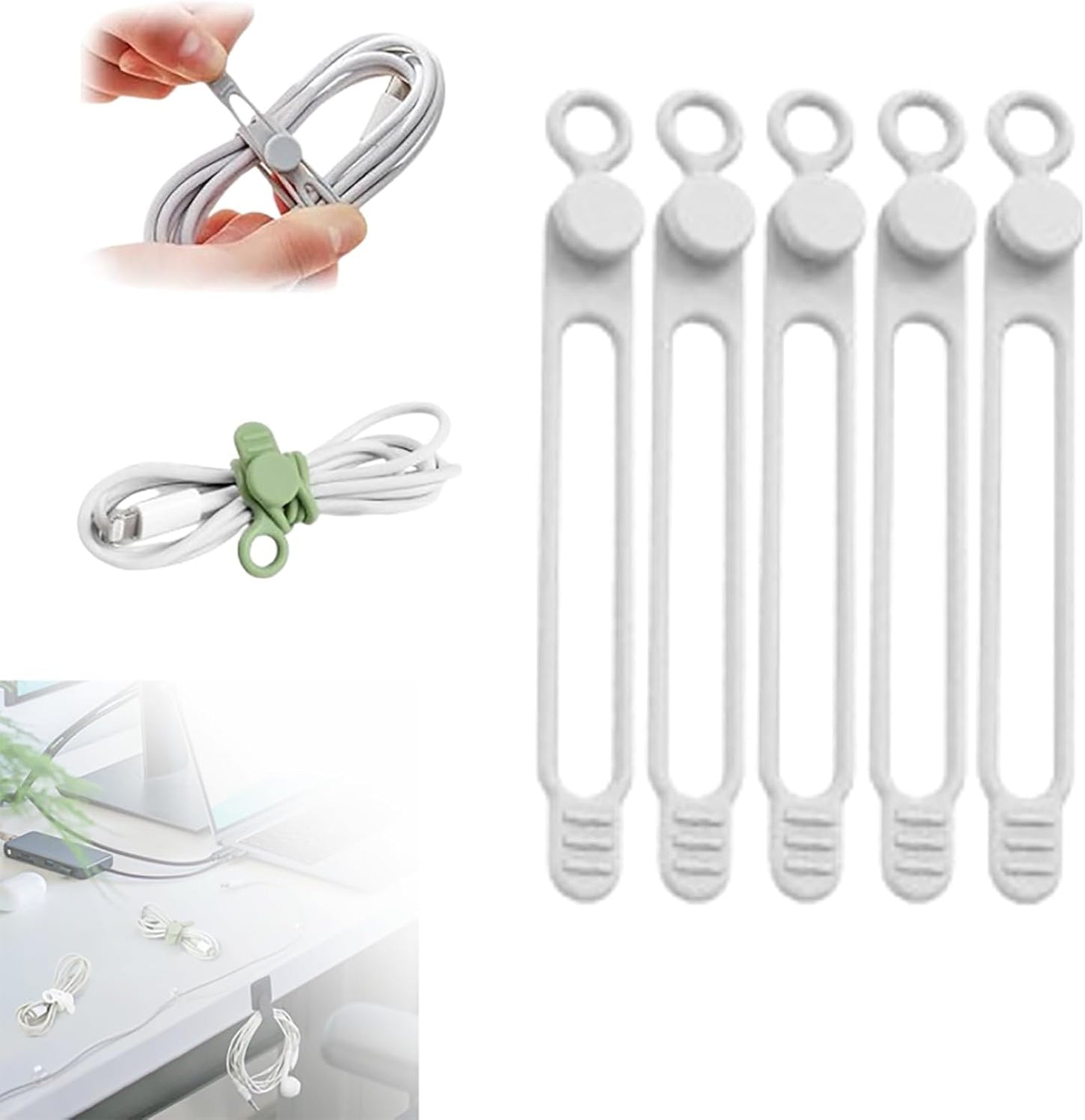 Silicone Cable Ties, 2024 New Data Cable Organizer Silicone Cable Ties Reusable Cable Management Organizer Multipurpose Cable Management for Travel/Portable/Office/Home Desk (White, 5 Pcs)