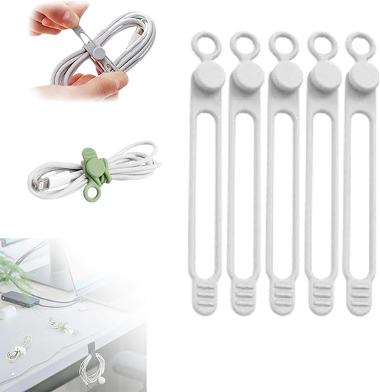 Silicone Cable Ties, 2024 New Data Cable Organizer Silicone Cable Ties Reusable Cable Management Organizer Multipurpose Cable Management for Travel/Portable/Office/Home Desk (White, 5 Pcs)
