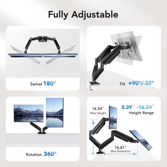 HUANUO Dual Monitor Mount, Mounts 2 Screens Up to 32 Inch, Holds 22 lbs per Arm, Dual Monitor Stand with Excellent Design, Height-Adjustable, Tilt, Swivel & Rotate, VESA Standard 75mm or 100mm