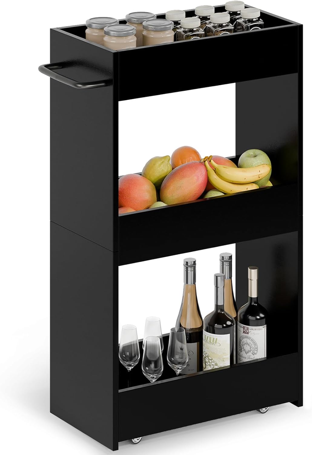 MARTY Wood Rolling Storage Cart 7.9" W, 3 Tier Slim Utility Kitchen Cart on Wheels Laundry Room Bathroom Organizers Narrow Shelves with Handle Mobile Shelving Unit for Small Places, Black