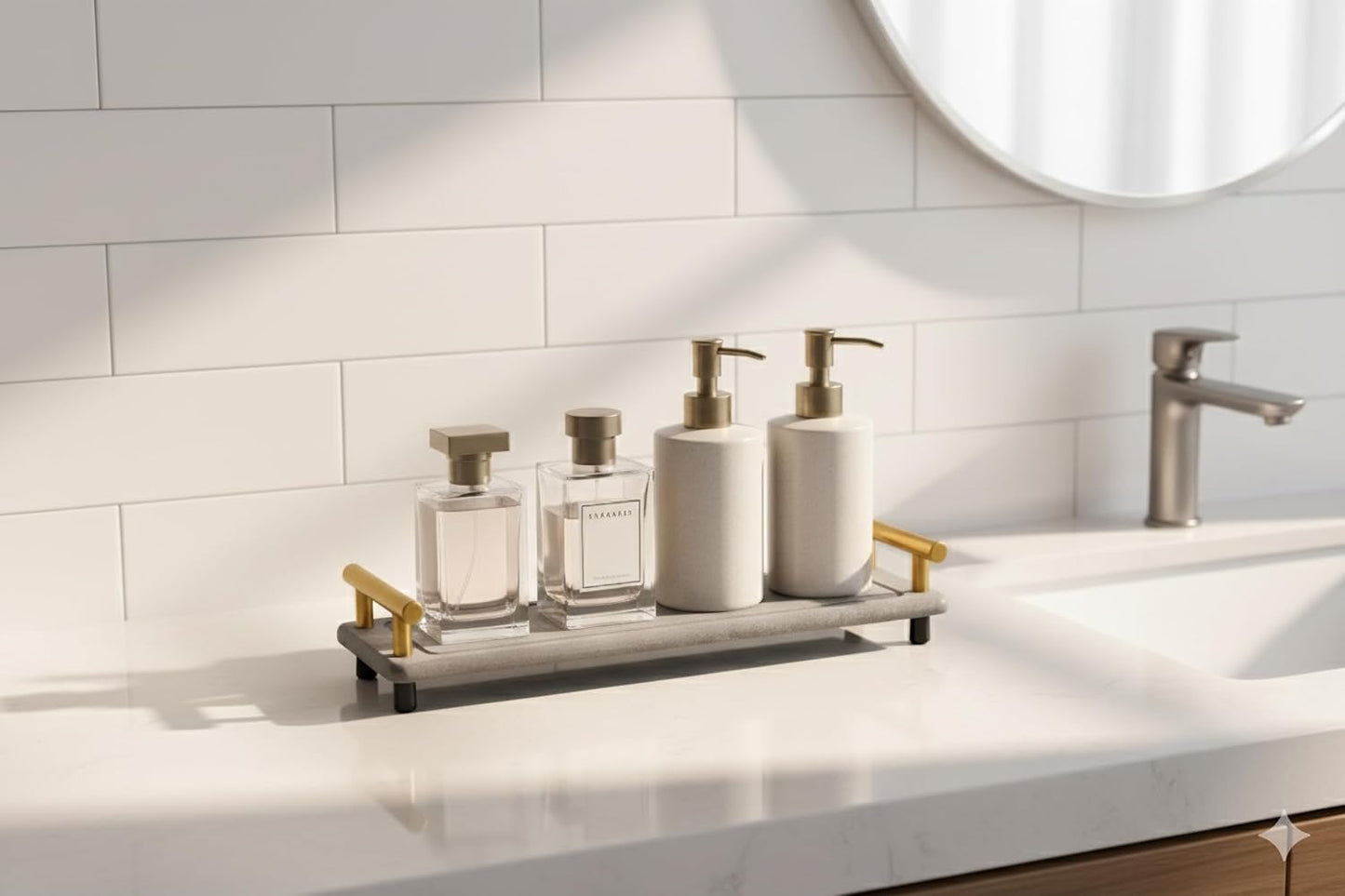 2Pcs Instant Dry Sink Caddy, Water Absorbent Diatomite Tray for Sink, Stone Drying Tray with Metal Handle, Keeping Kitchen and Bathroom Tidy and Clean (Dark Grey & Gold Handle, Large & Small)