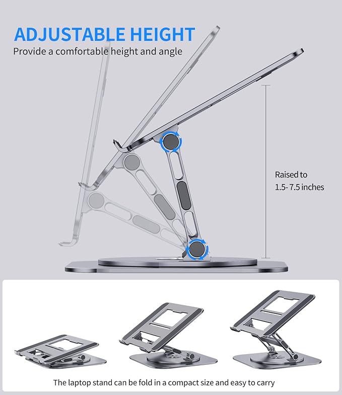 Adjustable Laptop Stand with 360 Rotating Base, Stable Computer Stand for Laptop Ergonimic Foldable Laptop Riser for Desk Compatible with MacBook Pro/Air Notebook up to 16 Inches, Grey