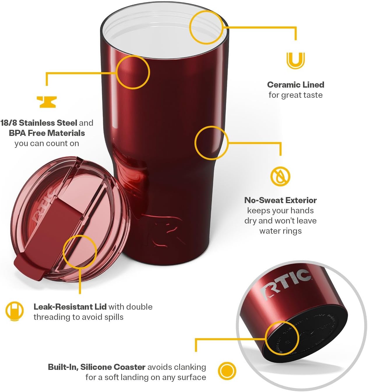 RTIC 30oz Essential Tumbler with Lid, Insulated, Stainless Steel, Metal, Double Wall Vacuum-Insulation, Ceramic Lined, Travel Cup for Iced Coffee, Tea, Hot and Cold Drink, Black Cherry Metallic