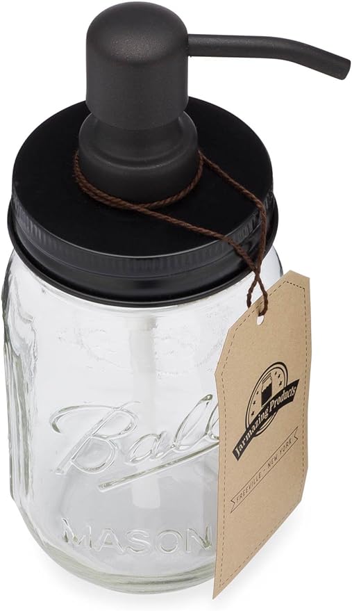 Jarmazing Products Mason Jar Soap Dispenser - Black - 16 oz Ball Mason Jar Liquid Dispenser for Kitchen & Bathroom - Glass - Kitchen Soap Dispenser with Rust Proof Stainless Steel Pump & Lid