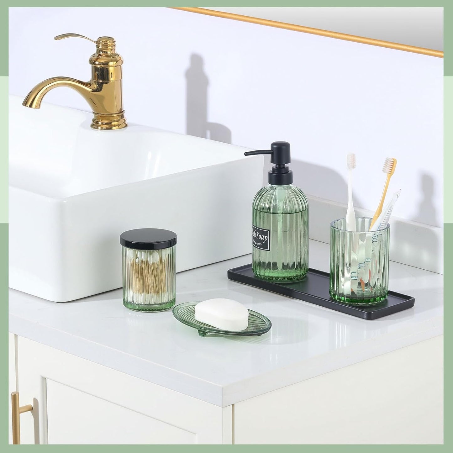 Shinowa Bathroom Accessories Set, 5 Pcs Clear Glass Bathroom Accessory Sets Complete with Soap Dispenser, Toothbrush Holder, Q-Tips Holder, Soap Dish, Ceramic Tray, Vanity Organizer, Green