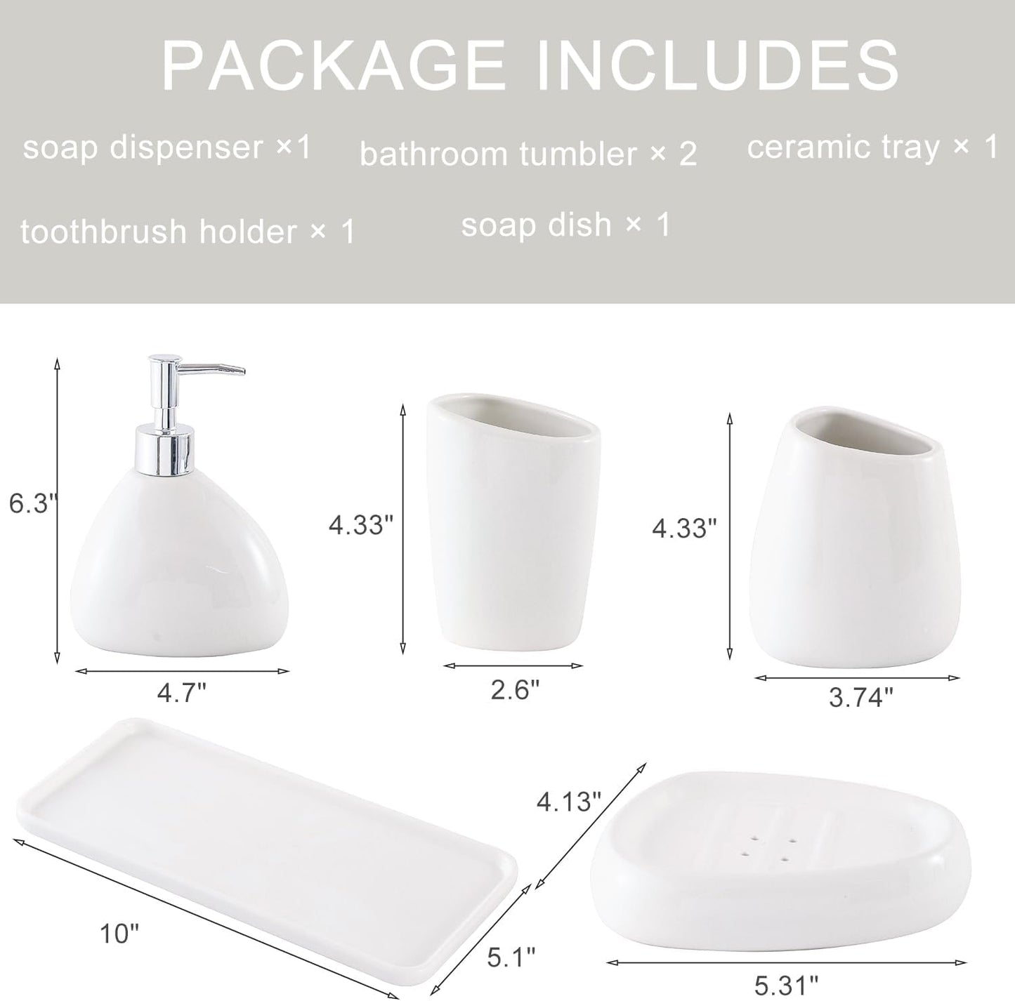 Ceramic Bathroom Accessory Set with Ceramic Tray, 6 Pieces Bathroom Countertop Accessory Set, Include Soap Dispenser, Toothbrush Holder, 2 Tumbler, Soap Dish, Vanity Tray,White