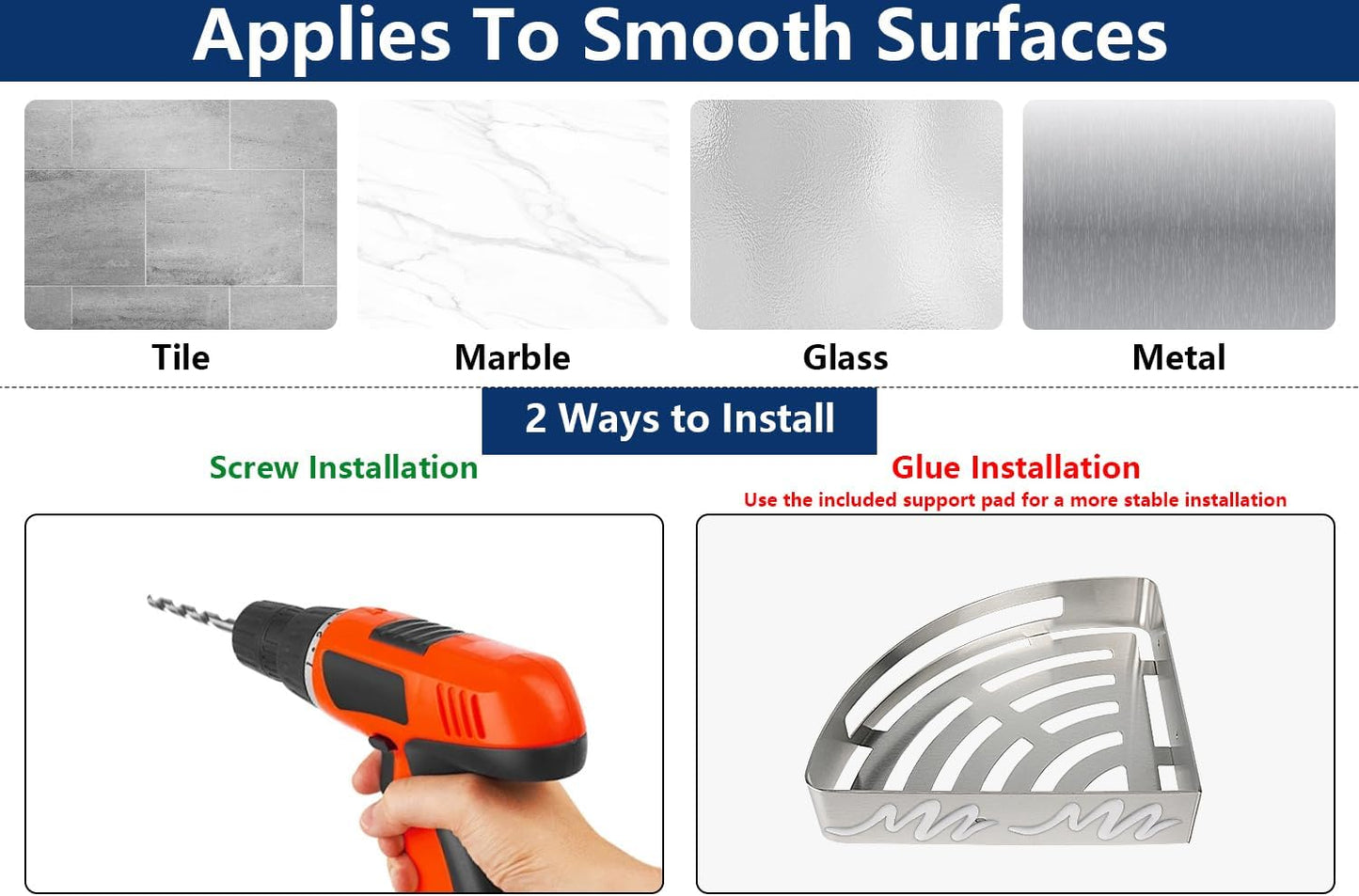 NearMoon Bathroom Shower Caddy 2 Pack, No Drill 304 Stainless Steel Shower Organizer with 2 Hooks (Corner Shelf, Brushed Nickel)