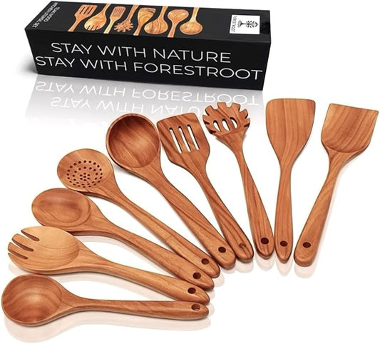 9-Piece Wooden Cooking Utensil Set – Premium Wood Kitchenware for Nonstick Cookware, Heat-Resistant & Durable Wooden Spoons and Spatulas – Eco-Friendly Kitchen Tools for Stirring & Serving