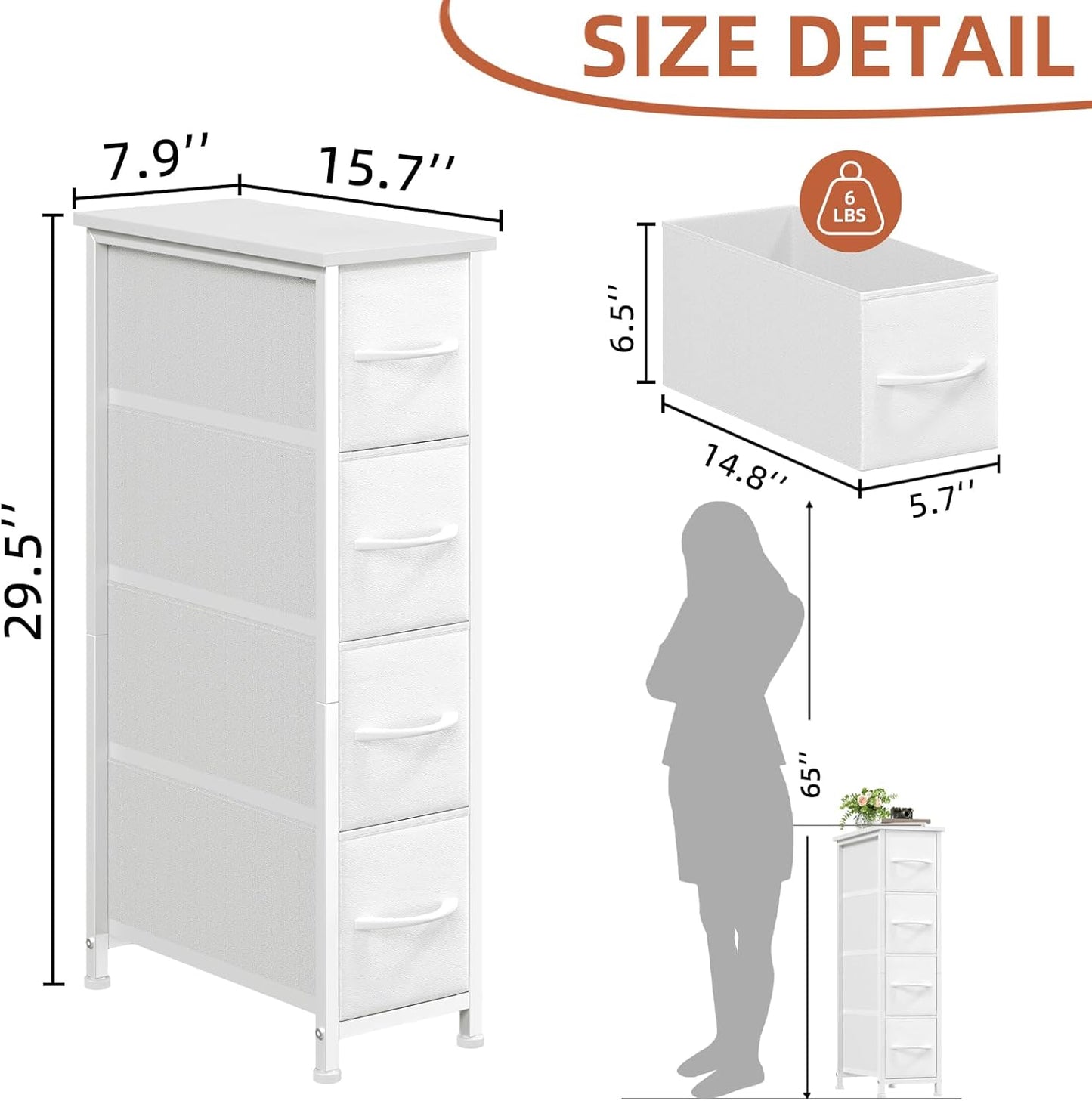 Somdot Narrow Dresser with 4 Drawers, Slim Storage Organizer Chest of Drawers with Removable Fabric Drawers for Small Spaces Bathroom Closet Bedroom Laundry, White Leather