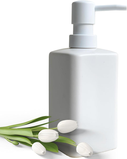 Soap Dispenser for Bathroom & Kitchen, Ceramic with Plastic Pump, Simple Style (White Rectangular)
