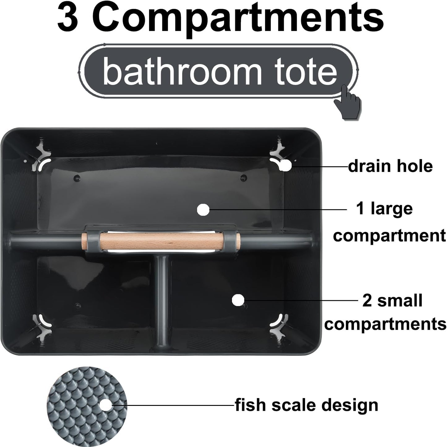 Haundry Plastic Gray Shower Caddy Basket with 3 Compartments, Portable Divided Bathroom Cleaning Caddy Organizer Storage Tote with Handle for Dorm,College, Room Essentials