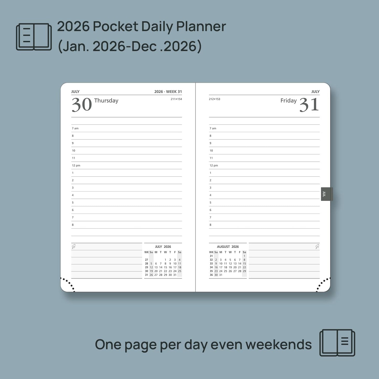 POPRUN 2026 Daily Planner One Page Per Day A6 Size Calendar (4.25" x 6.25") - 12 Months Hourly Appointment Book with Hardcover, Monthly Tabs, Pocket, Pen Holder - Light Pink