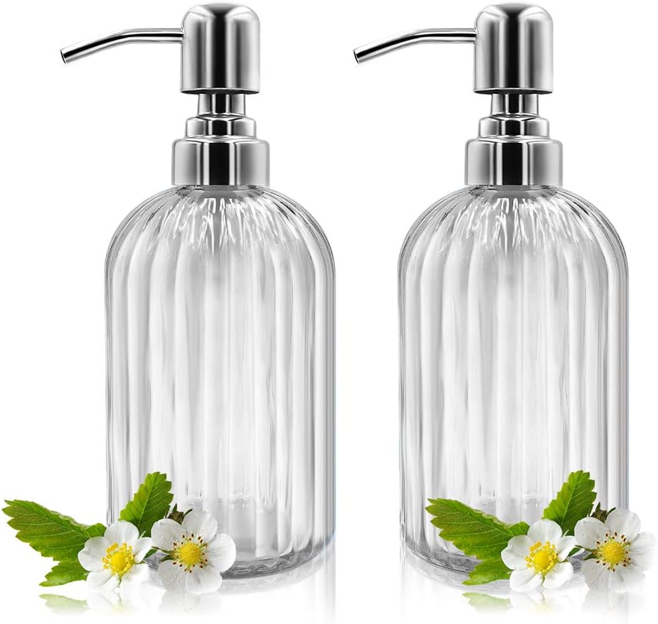 Soap Dispenser - 2 Pack 14 Oz Glass Soap Dispenser with Rust Proof Stainless Steel Pump, Refillable Liquid Bottle Dispenser, Premium Hand Jar Dispenser for Bathroom, Kitchen, Countertop (Transparent)