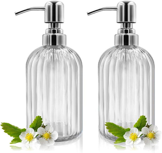 Soap Dispenser - 2 Pack 14 Oz Glass Soap Dispenser with Rust Proof Stainless Steel Pump, Refillable Liquid Bottle Dispenser, Premium Hand Jar Dispenser for Bathroom, Kitchen, Countertop (Transparent)
