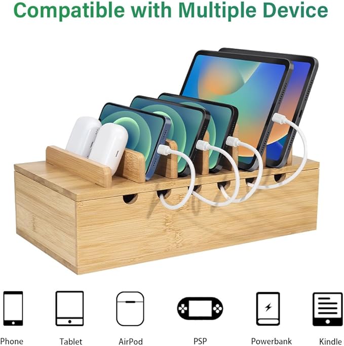 Bamboo Charging Station for Multiple Devices, Desk Docking Stations Organizer Compatible with iPhone Devices, Wood Charging Cell Phone Holder Stand (Includes 6 Cables) (NO Power Supply)