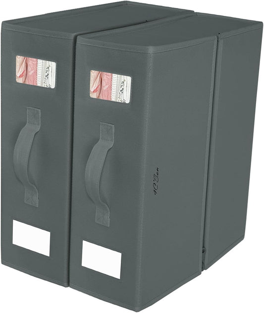 4C'Son Foldable DOUBLE ZIPPERS Bed Sheet Organizer, Fabric Storage Bins for Bed Sheets, Linen Bedding Organizer for Closet with Window and EXTRA STURDY handle (2 PACK - GRAY)