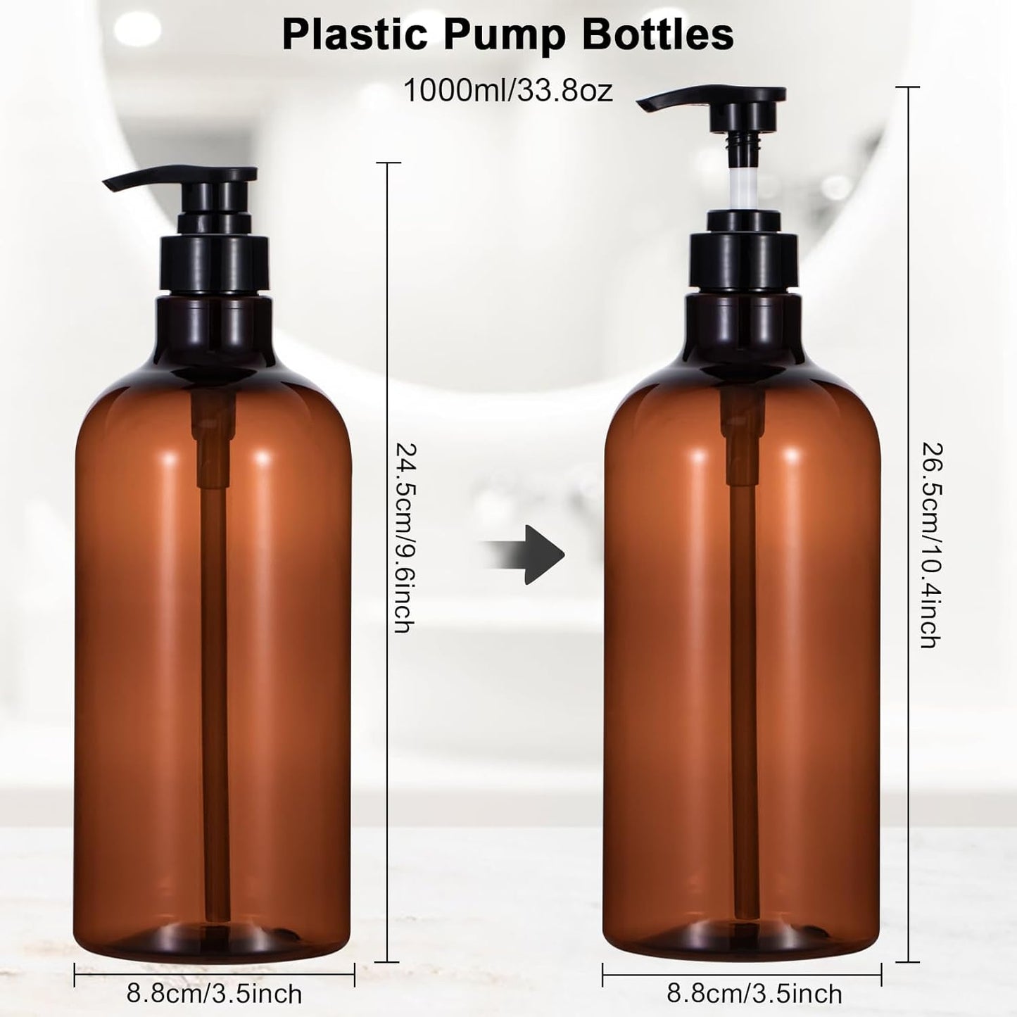 Yebeauty Pump Bottle Dispenser, 33.8oz 1000ml Plastic Shampoo Pump Bottles Shower Soap Dispenser Empty Refillable Containers for Conditioner Body Wash, Bathroom Kitchen, 2 Pack Amber