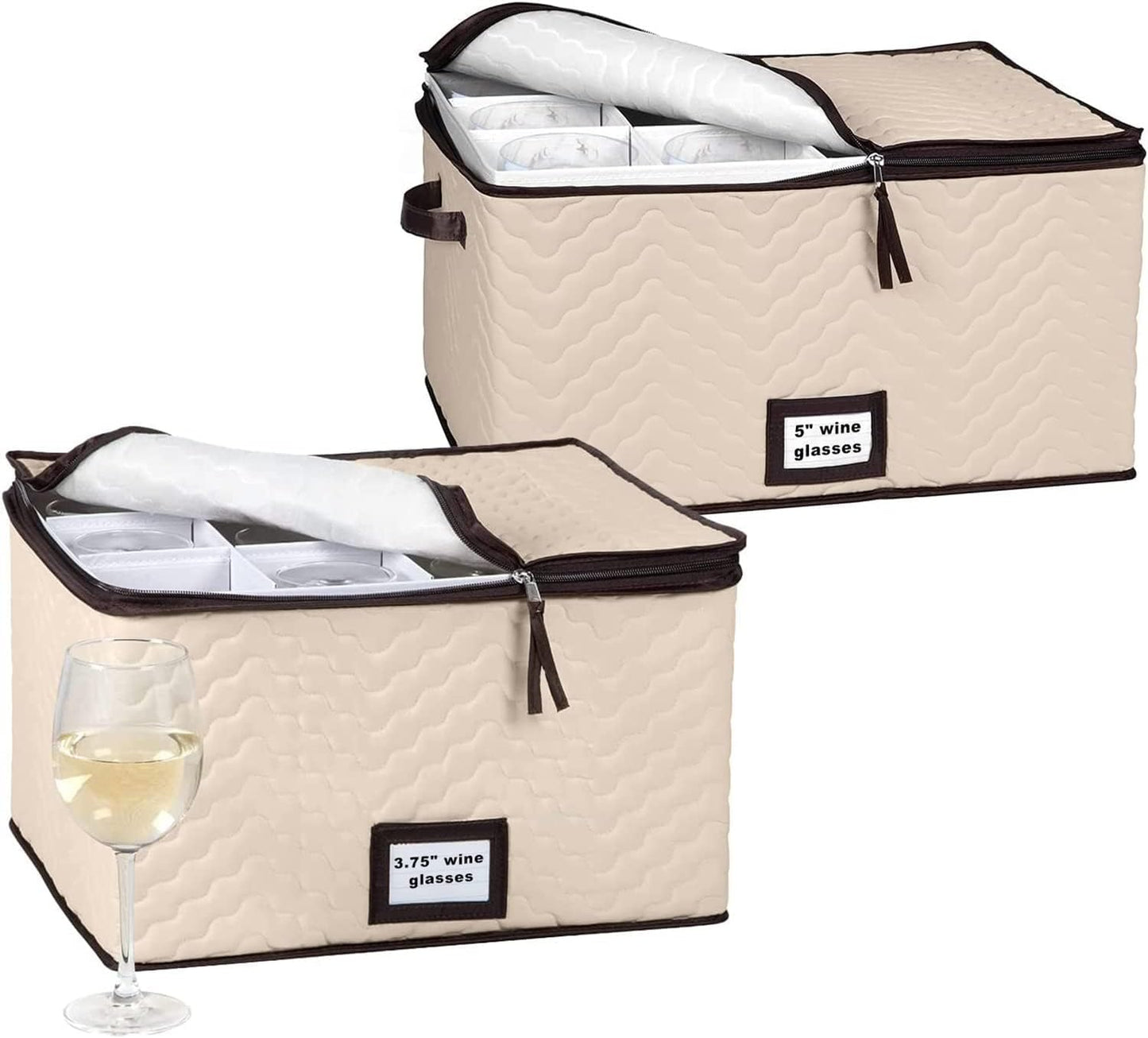 Wine Glass Storage Box with Dividers - Stemware Storage Case, Durable Quilted Microfiber Bin with Carry Handles, Protects Fine China - Durable Quilted Microfiber Bin with Carry Handles (2 Pack, Red & White Wine Glass)