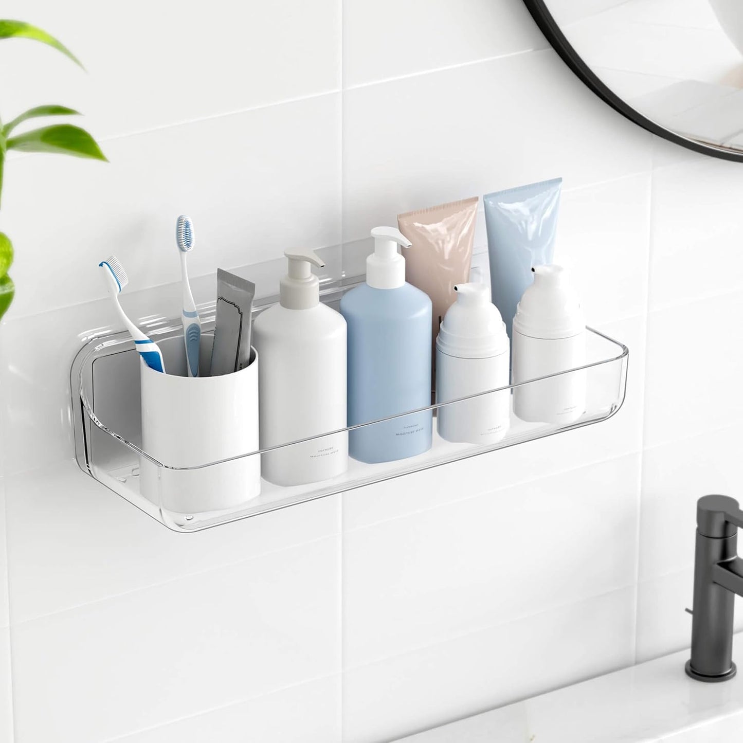 TZAMLI Clear Shower Caddy Bathroom Shelves, No Drilling Self Adhesive Shelf Plastic Shower Organizer, Wall Mounted Rack Inside Shelves for Bathroom Kitchen Storage