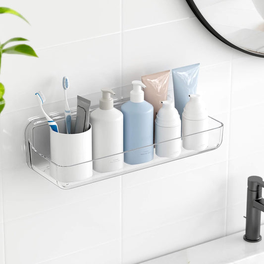 TZAMLI Clear Shower Caddy Bathroom Shelves, No Drilling Self Adhesive Shelf Plastic Shower Organizer, Wall Mounted Rack Inside Shelves for Bathroom Kitchen Storage