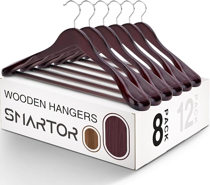 SMARTOR Suit Hangers for Men 8 Pack, Wide Shoulder Wooden Suit Hangers with Non Slip Pant Holder, Wide Hanger for Suit, Coat, Jacket, Gown, Heavy Duty Wood Suit Hanger, Cherry