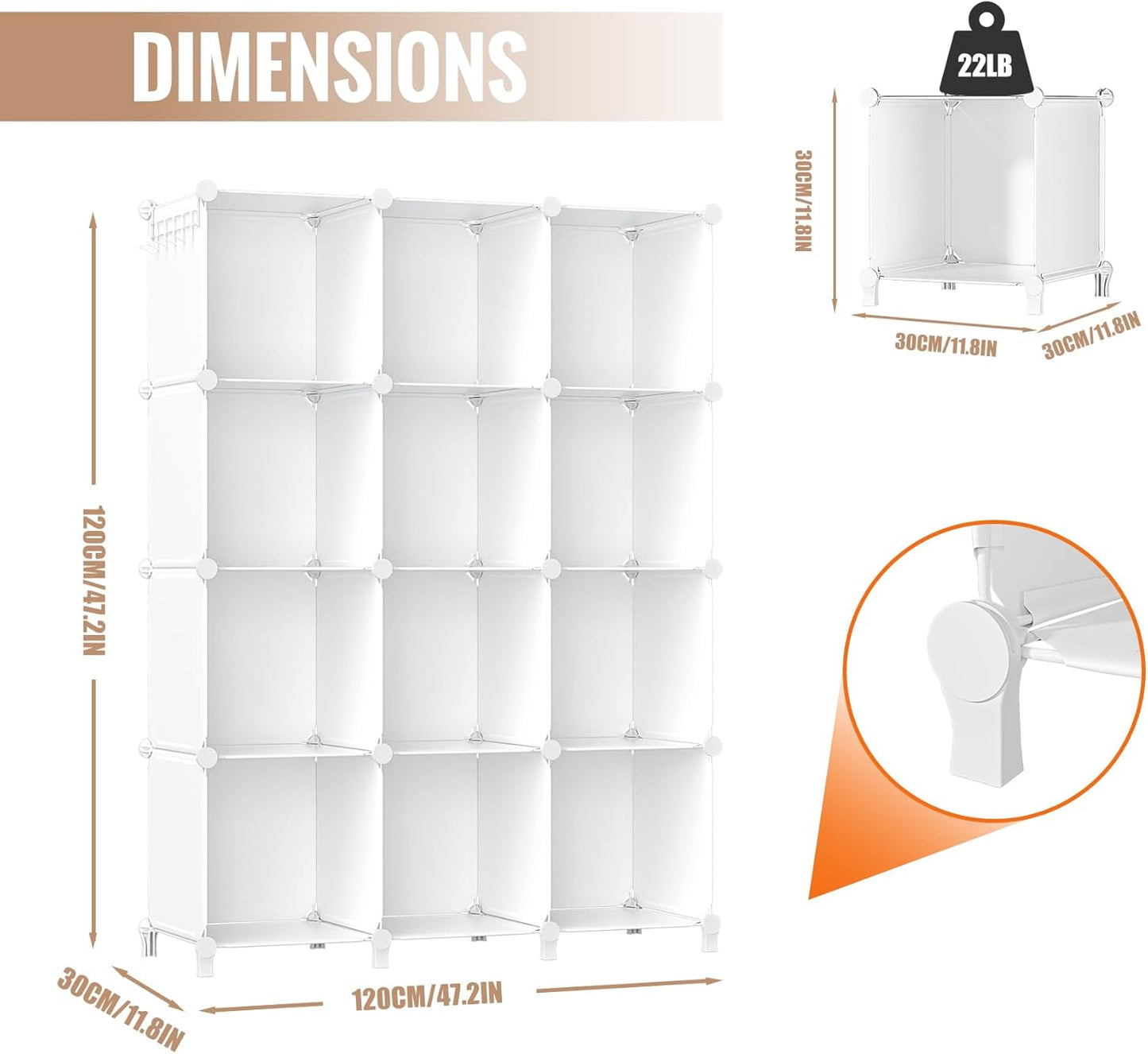 Closet Organizer, 12 Cubby Storage Organizer,Book Shelf,Clothes Storage,Yarn Storage for Bedroom Organization(White)