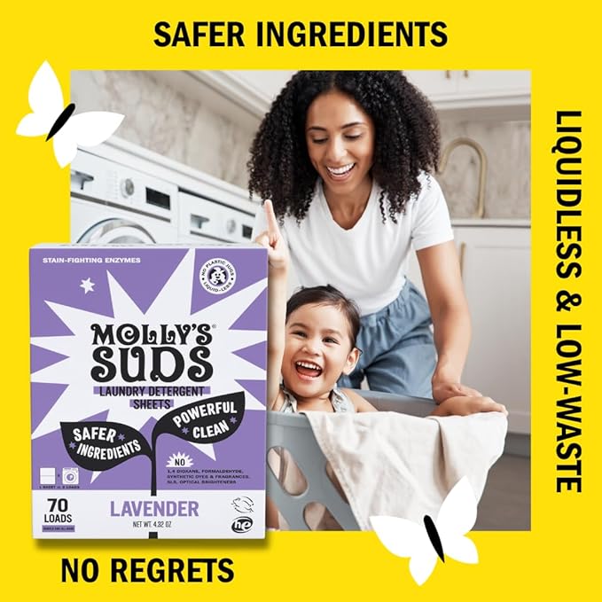 Molly’s Suds Laundry Detergent Sheets | Gentle on Sensitive Skin, Powerful Bio-Based Enzymes, Stain-Fighting | Liquidless & Plastic-Free Packaging | 70 Loads (Lavender)
