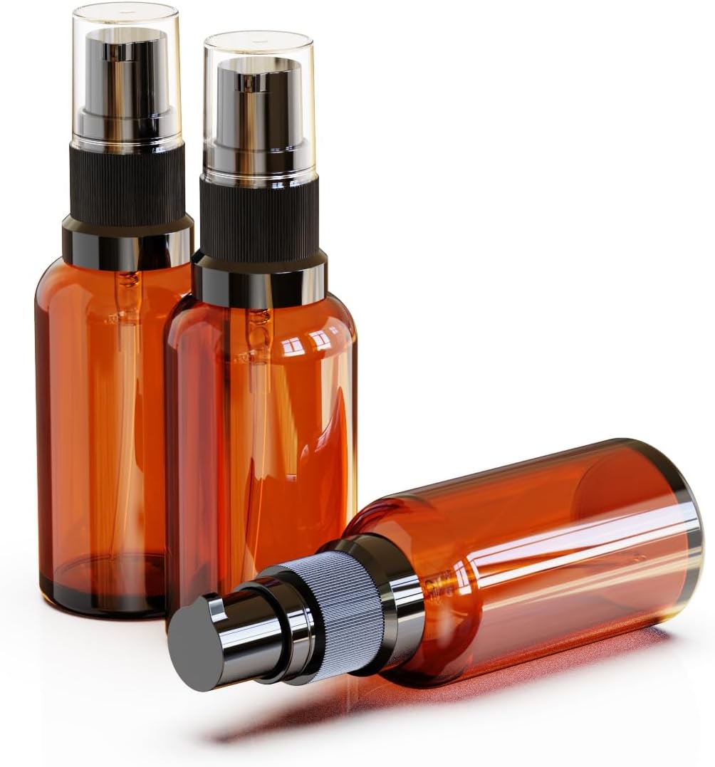 12Pack 1oz Amber Glass Pump Bottles, 30ml with Black Pump, Empty Refillable Travel Small Container For Lotion Cream Essentil Oil Shampoo (1oz)