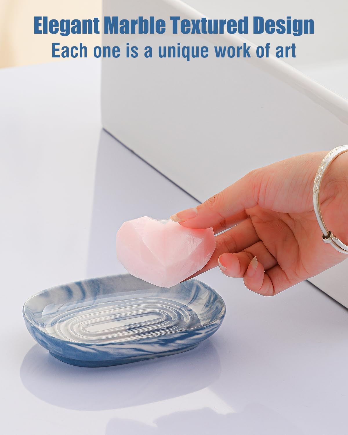 Handcrafted Fancy Ceramic Soap Dish, Decorative Soap Holder with Unique Marble Textures, Multi-Purpose Soap Bar Holder for Bathroom & Kitchen, Non-Slip & Waterproof (Blue Texture)