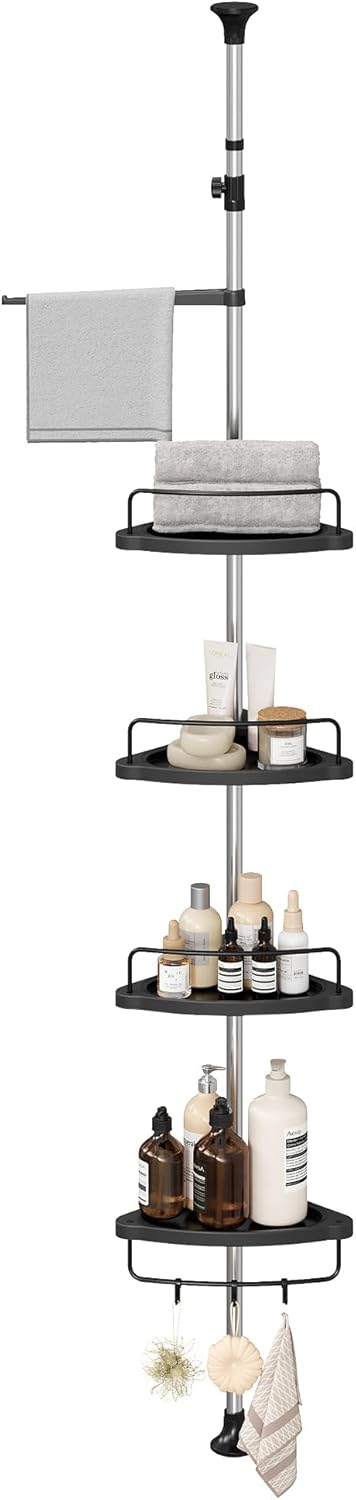SONGMICS Corner Shower Caddy Tension Pole, 4-Tier Rust-Resistant Shower Organizer, Shower Shelf, Drill-Free, 35.8 to 118.1 Inches, Height Adjustable Trays, for Bathroom, Ink Black UBCB008B01