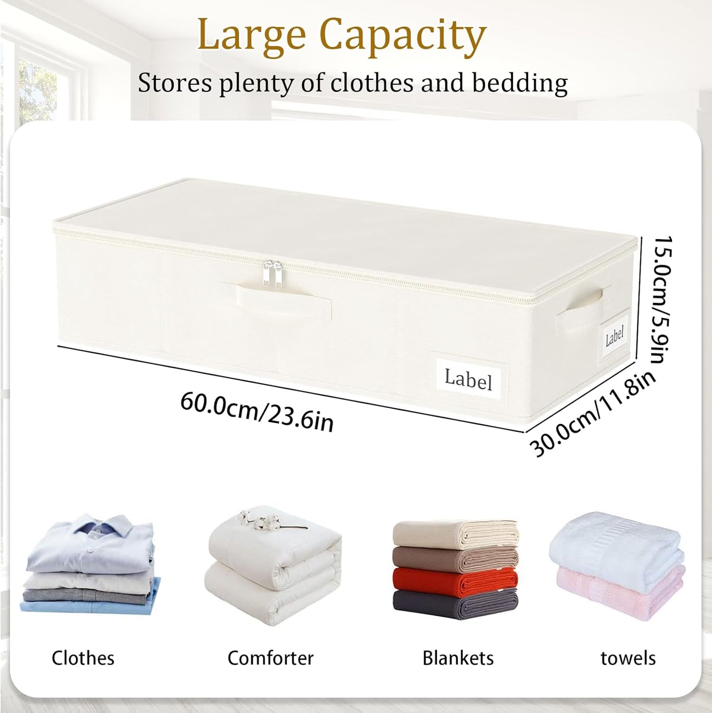 Yawinhe Underbed Bags, Storage Containers Bags with Lid, Foldable Blanket Bins, with Sturdy Zipper und Label Holders, for Clothing, 23.6''Lx11.8''Wx6''H, 1Pack,Beige，SNH002BES-1