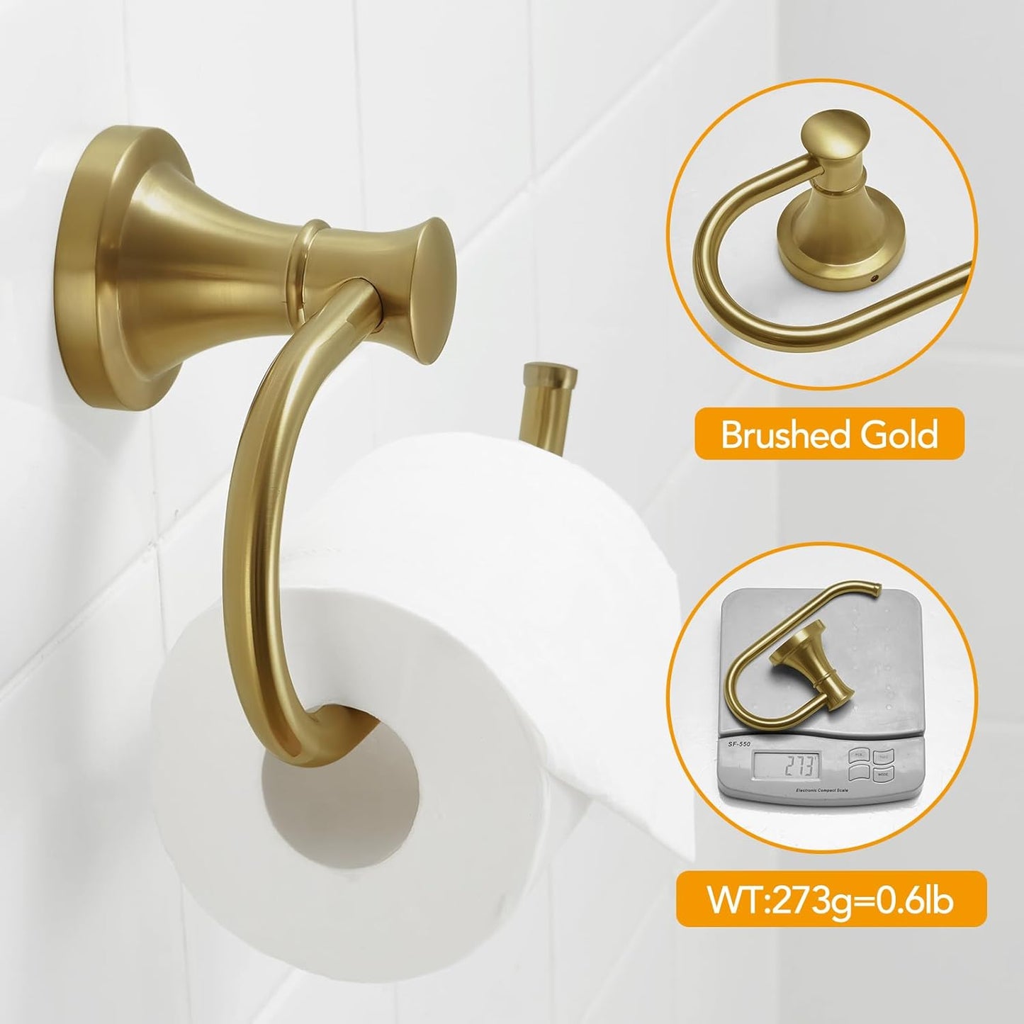 BESy Brushed Gold Toilet Tissue Paper Holder Brushed Gold Bathroom Accessories Toilet roll Paper Hanger, Wall Mounted, Rustproof