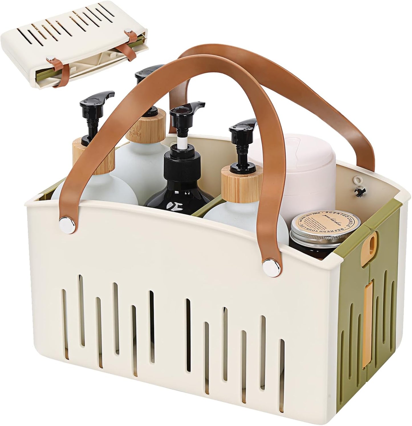 Portable Shower Caddy Collapsible Plastic Shower Basket Tote with Handles Removable Divider, Cleaning Caddy Storage Organizer for Bathroom College Dorm (Green)