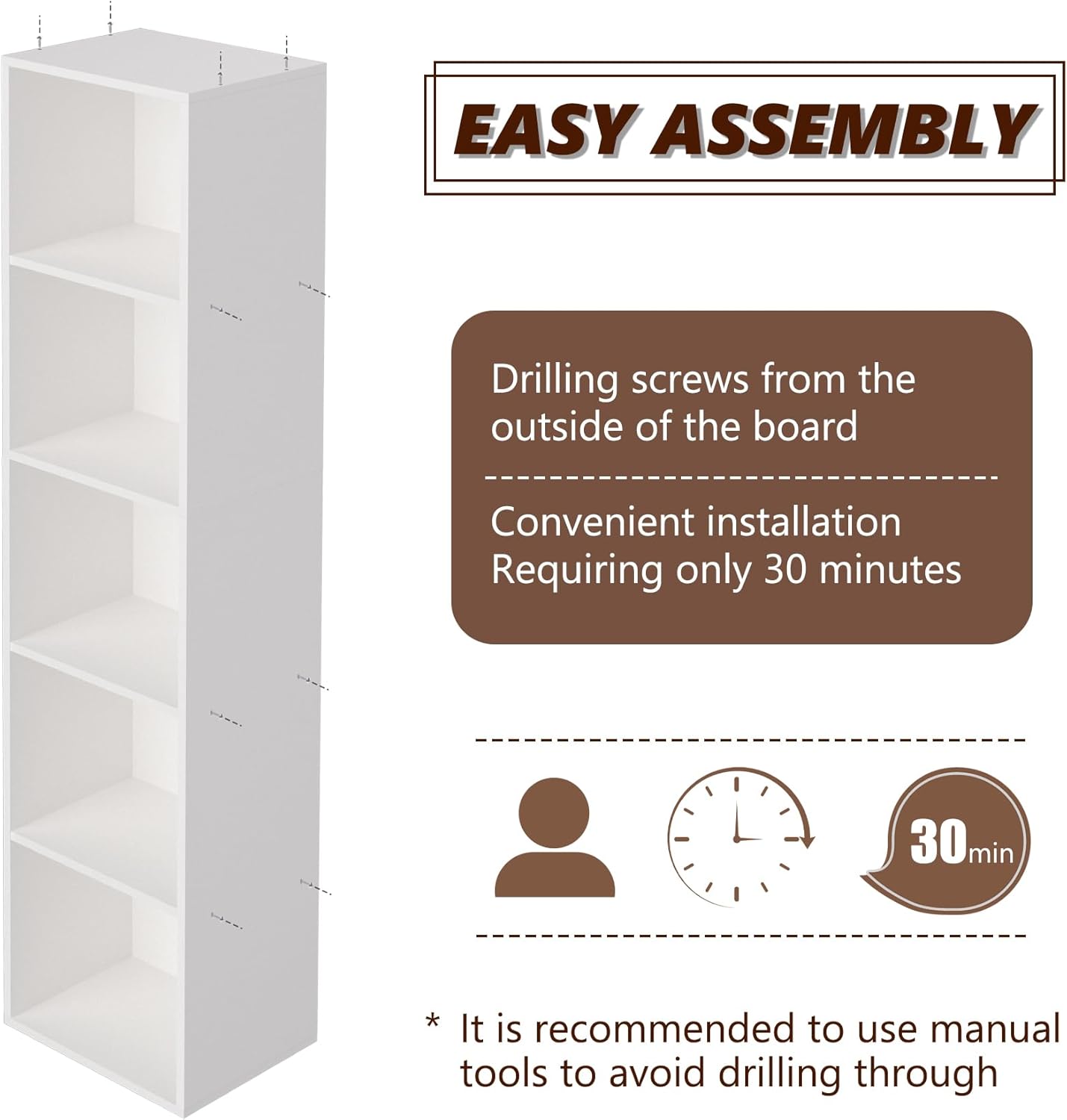 Wooden 5 Cube Storage Organizer, 5 Tier Storage Cubes Storage Display Cubby, 52 Inch Tall Versatile Cubes Shelf and Cubby Organizer for Any Space (White, 5 Cube-W(11.8inch)