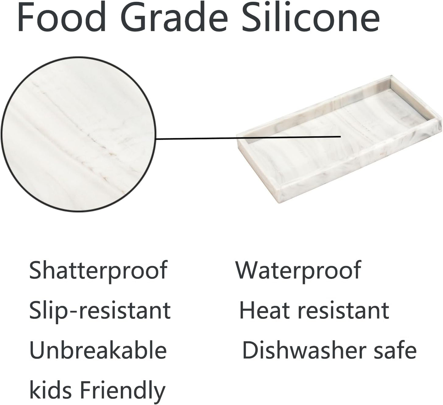 DNC Silicone Bathroom Tray for Counter, 2PC (7.9" +11.8") Vanity Tray for Countertop, Kitchen Sink Soap Tray for Dish Holder Dispenser Toilet Tank Desk Organizer Marble White