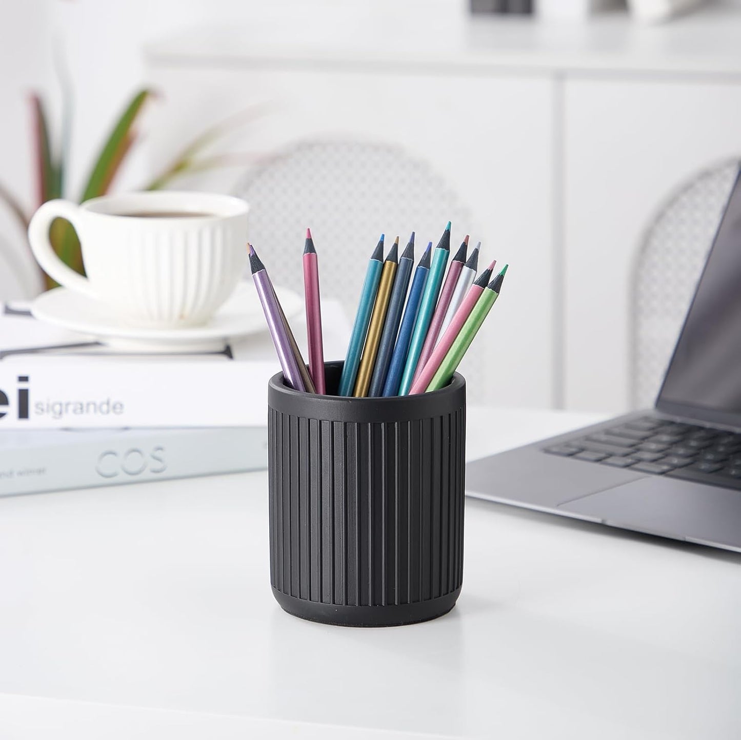 Aesthetic Charcoal Black Pen Holder for Desk - Concrete Modern Sturdy Black Pencil Holder for Desk- Cement Fluted Pen Cup Organizer - Minimalist & Modern Industrial Aesthetics to Office Decor